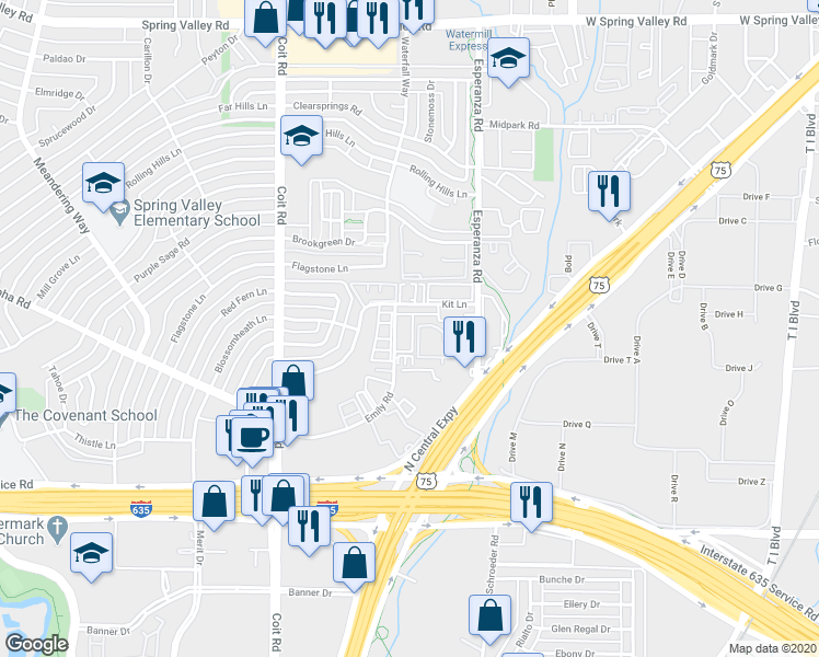 map of restaurants, bars, coffee shops, grocery stores, and more near 13354 Emily Road in Dallas