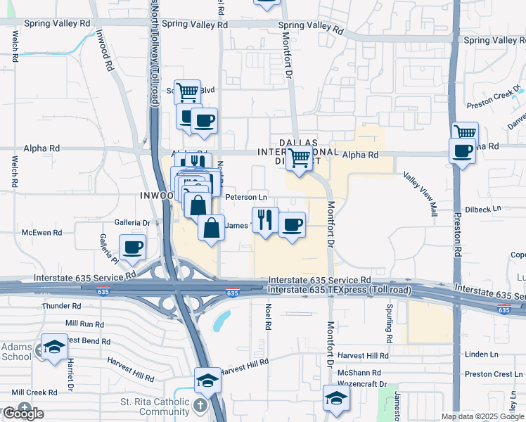 map of restaurants, bars, coffee shops, grocery stores, and more near 17 James Temple Drive in Dallas