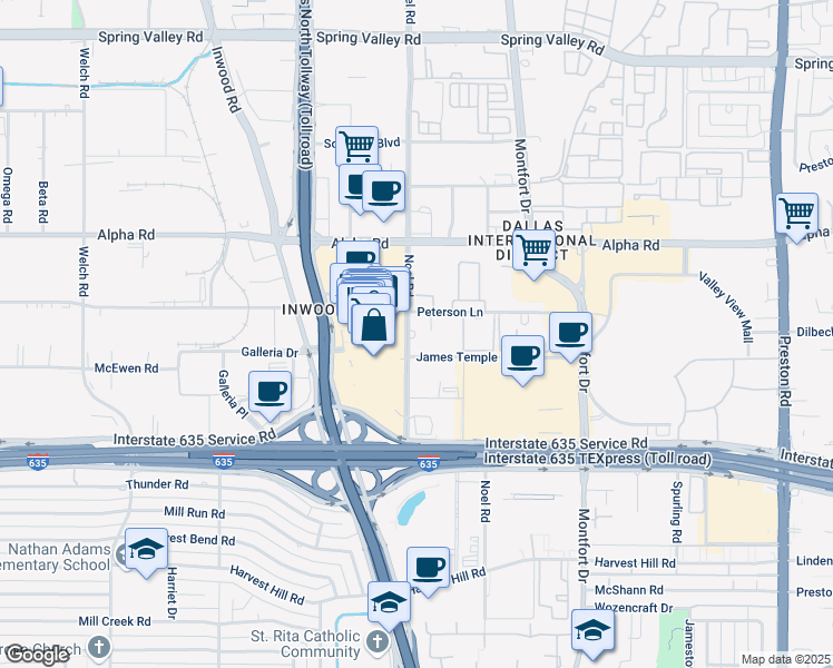 map of restaurants, bars, coffee shops, grocery stores, and more near 13330 Noel Road in Dallas