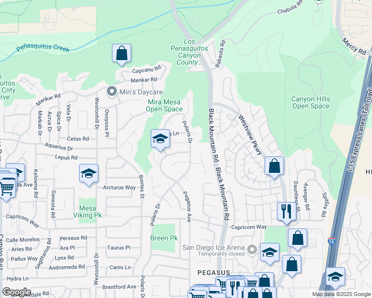 map of restaurants, bars, coffee shops, grocery stores, and more near 11394 Pegasus Avenue in San Diego