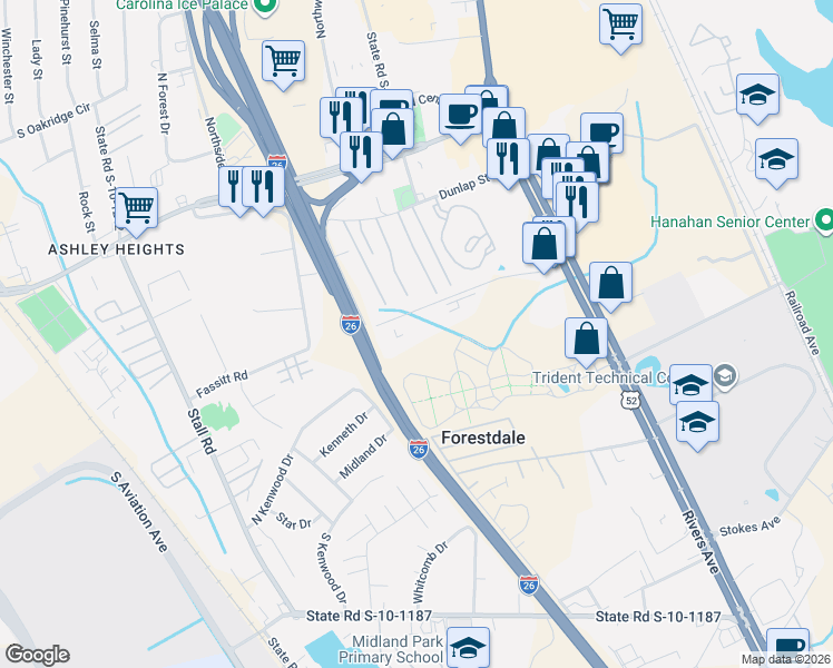 map of restaurants, bars, coffee shops, grocery stores, and more near 2155 Morris Baker Boulevard in North Charleston