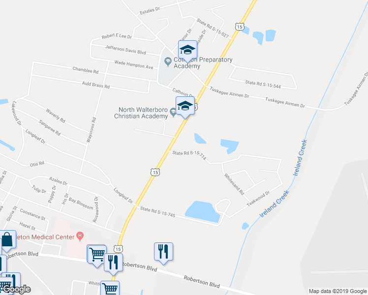 map of restaurants, bars, coffee shops, grocery stores, and more near 121 State Road S-15-714 in Walterboro