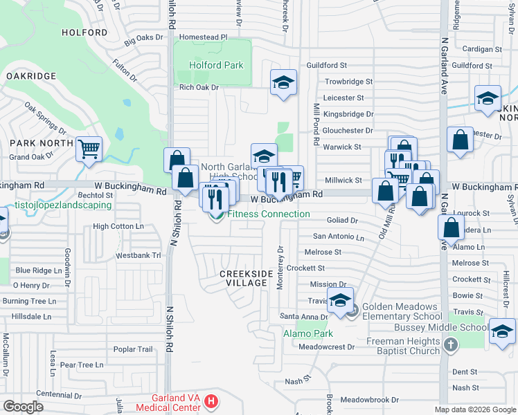 map of restaurants, bars, coffee shops, grocery stores, and more near 2150 West Buckingham Road in Garland