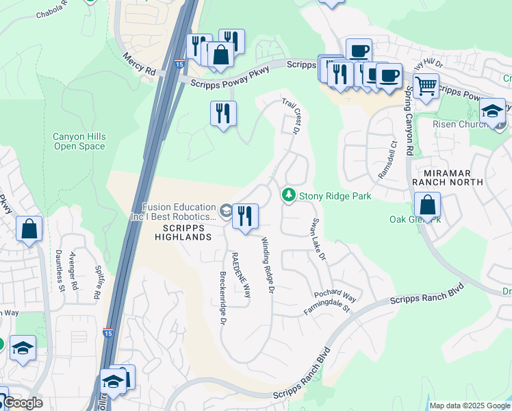 map of restaurants, bars, coffee shops, grocery stores, and more near 11636 Winding Ridge Drive in San Diego