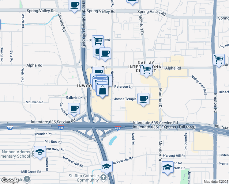 map of restaurants, bars, coffee shops, grocery stores, and more near 13330 Noel Road in Dallas