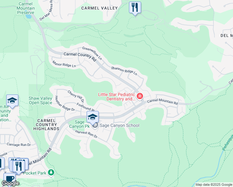 map of restaurants, bars, coffee shops, grocery stores, and more near 5 Canyon Grove Trail in San Diego
