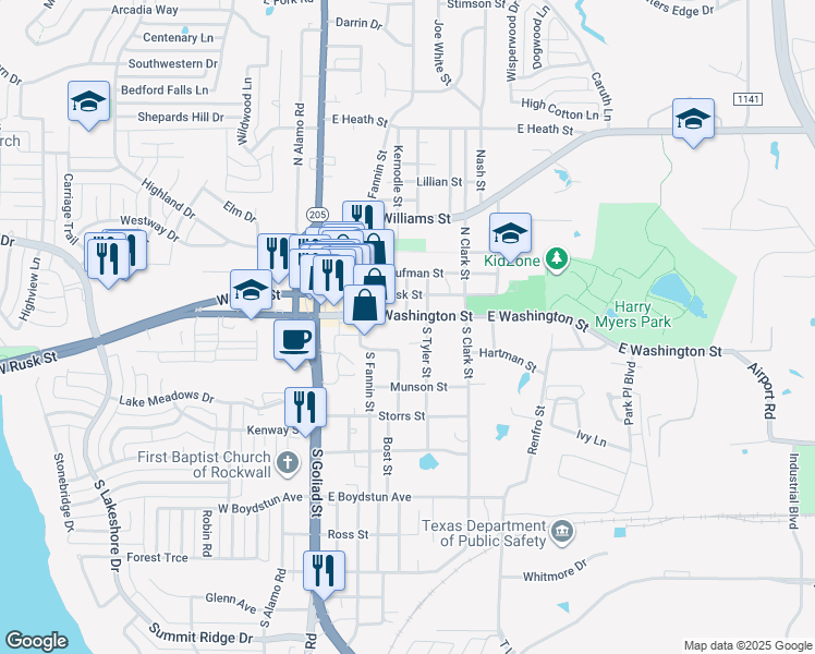 map of restaurants, bars, coffee shops, grocery stores, and more near 305 Denison Street in Rockwall