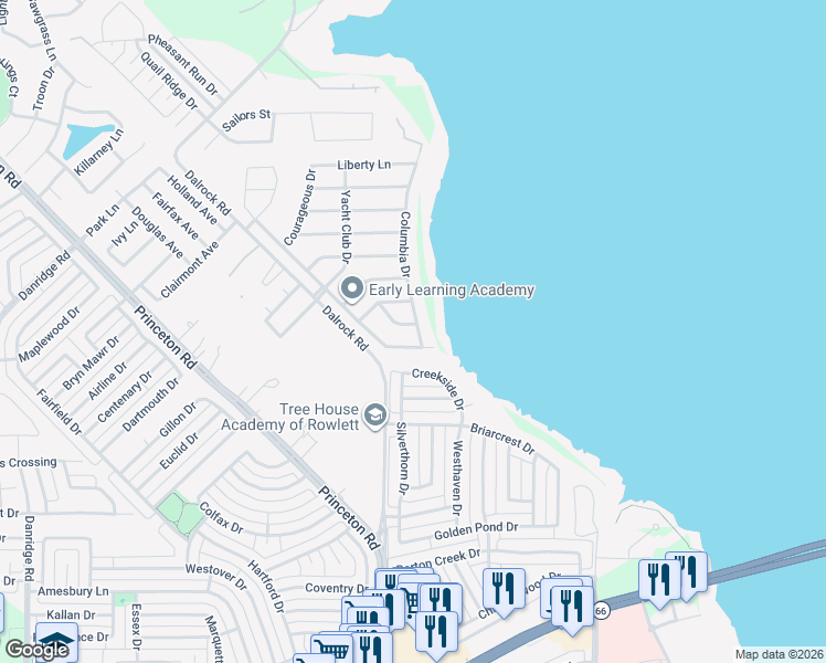 map of restaurants, bars, coffee shops, grocery stores, and more near 1605 Spinnaker Cove in Rowlett