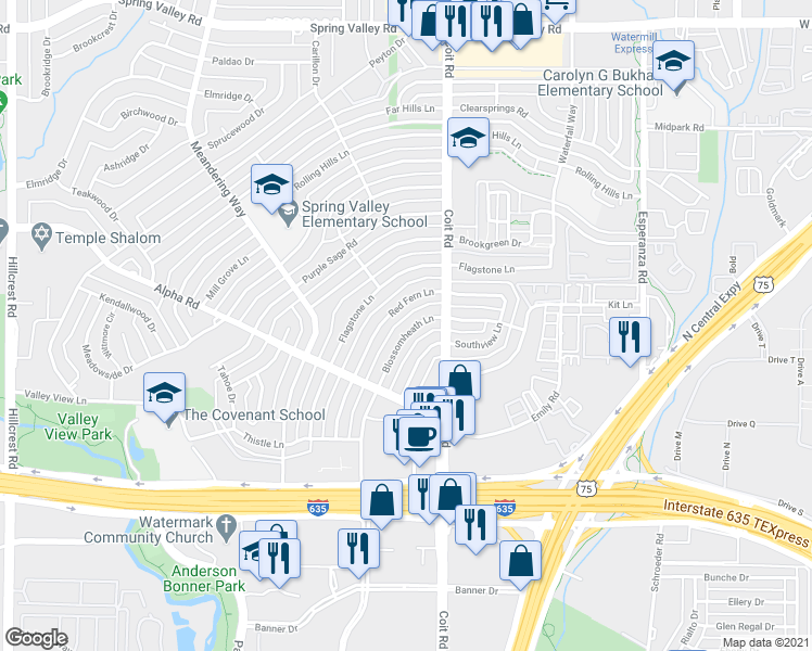 map of restaurants, bars, coffee shops, grocery stores, and more near 13321 Blossomheath Lane in Dallas