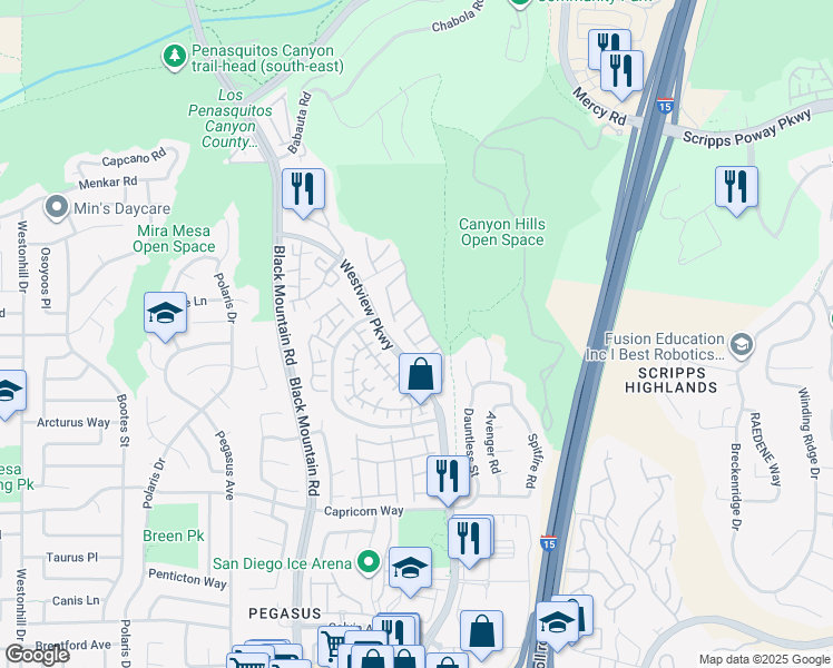 map of restaurants, bars, coffee shops, grocery stores, and more near 11519 Westview Parkway in San Diego