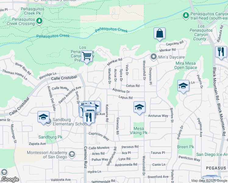 map of restaurants, bars, coffee shops, grocery stores, and more near 8566 Lepus Road in San Diego