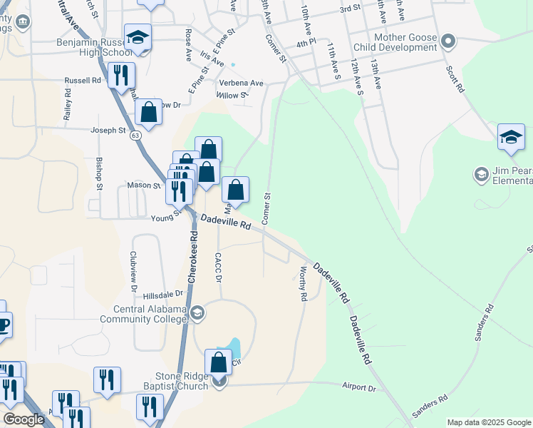 map of restaurants, bars, coffee shops, grocery stores, and more near 544-598 Comer Street in Alexander City