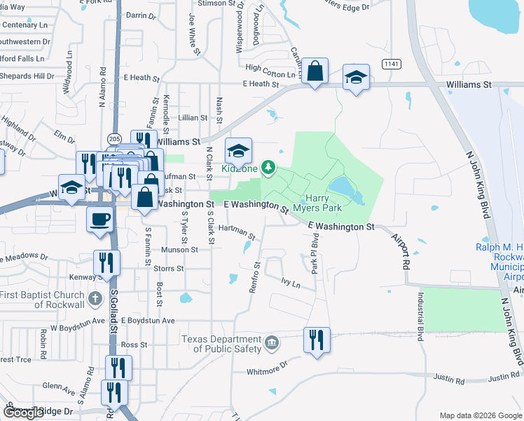 map of restaurants, bars, coffee shops, grocery stores, and more near 206 Renfro Street in Rockwall