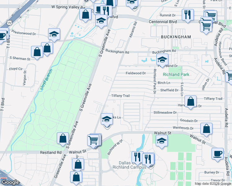 map of restaurants, bars, coffee shops, grocery stores, and more near 410 Tiffany Trail in Richardson
