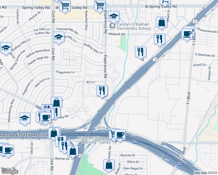 map of restaurants, bars, coffee shops, grocery stores, and more near 13350 Esperanza Road in Dallas