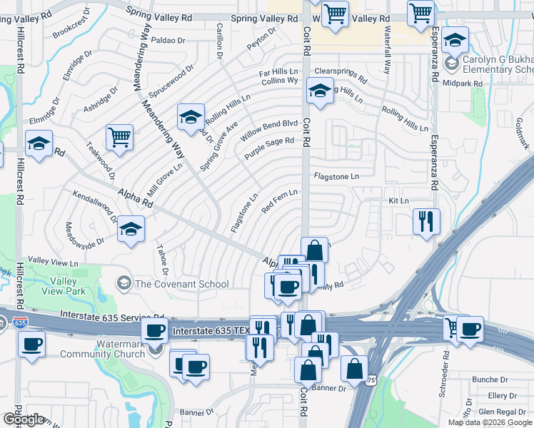 map of restaurants, bars, coffee shops, grocery stores, and more near 13303 Blossomheath Lane in Dallas