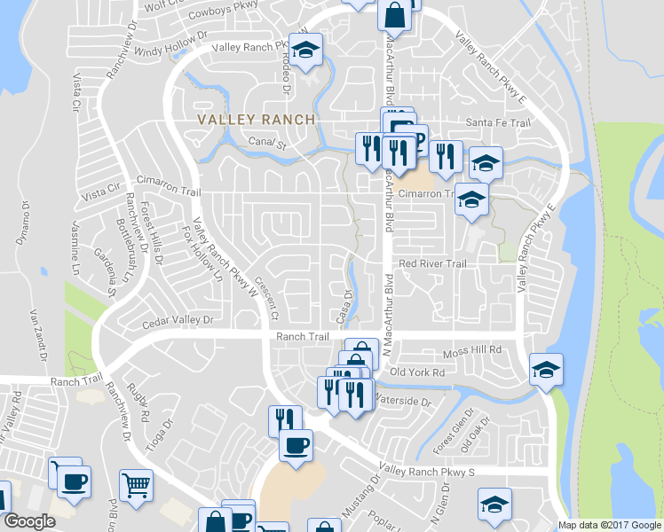 map of restaurants, bars, coffee shops, grocery stores, and more near 777 Marble Canyon Circle in Irving