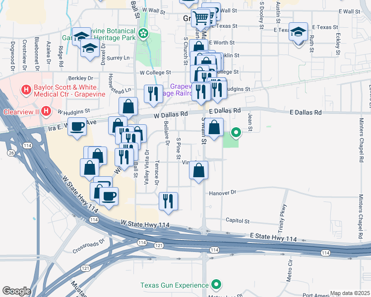 map of restaurants, bars, coffee shops, grocery stores, and more near in Grapevine