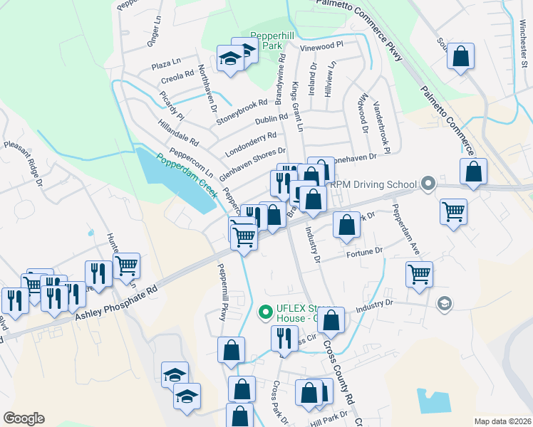 map of restaurants, bars, coffee shops, grocery stores, and more near 3360 Ashley Phosphate Road in North Charleston