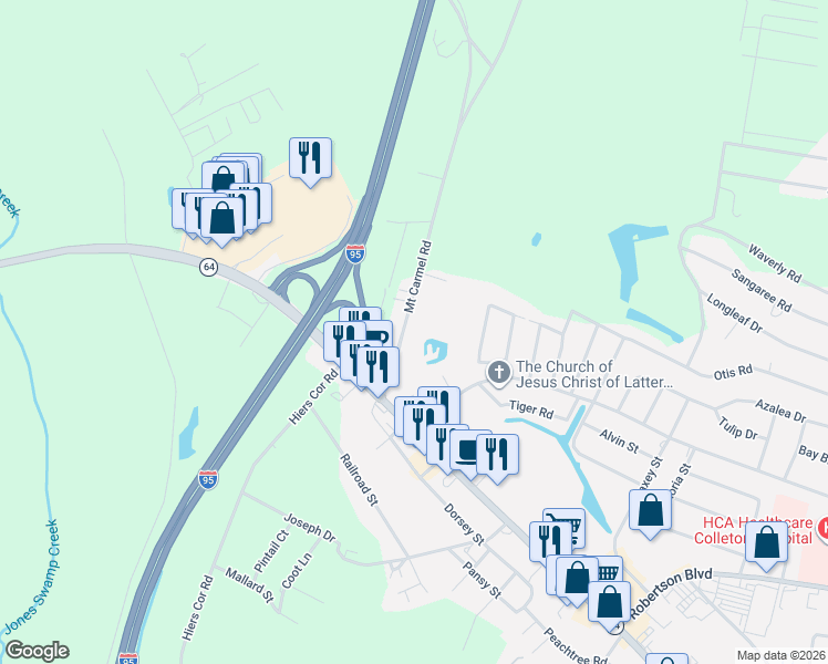 map of restaurants, bars, coffee shops, grocery stores, and more near 125 Mount Carmel Road in Walterboro