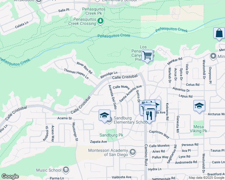 map of restaurants, bars, coffee shops, grocery stores, and more near 8141 Calle Nueva in San Diego