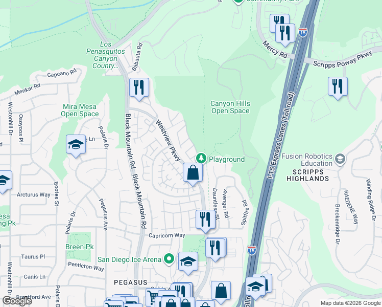 map of restaurants, bars, coffee shops, grocery stores, and more near 11621 Westview Parkway in San Diego