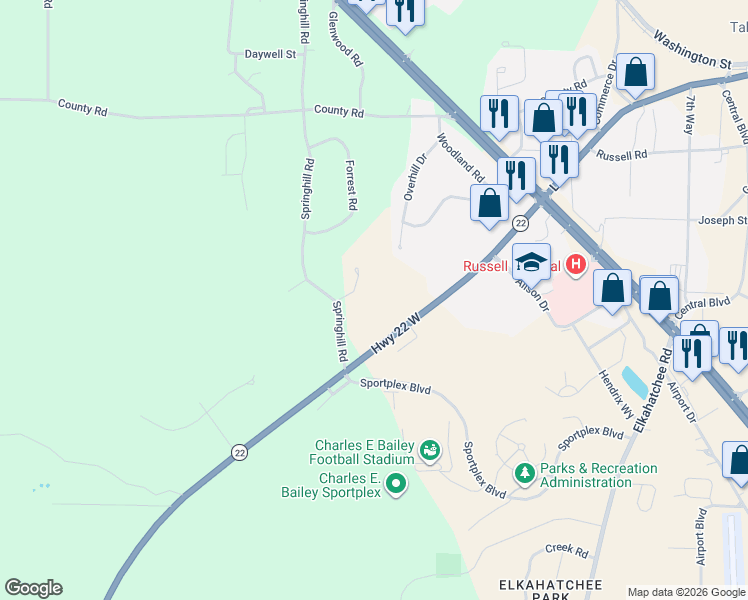 map of restaurants, bars, coffee shops, grocery stores, and more near 2035 East Circle in Alexander City