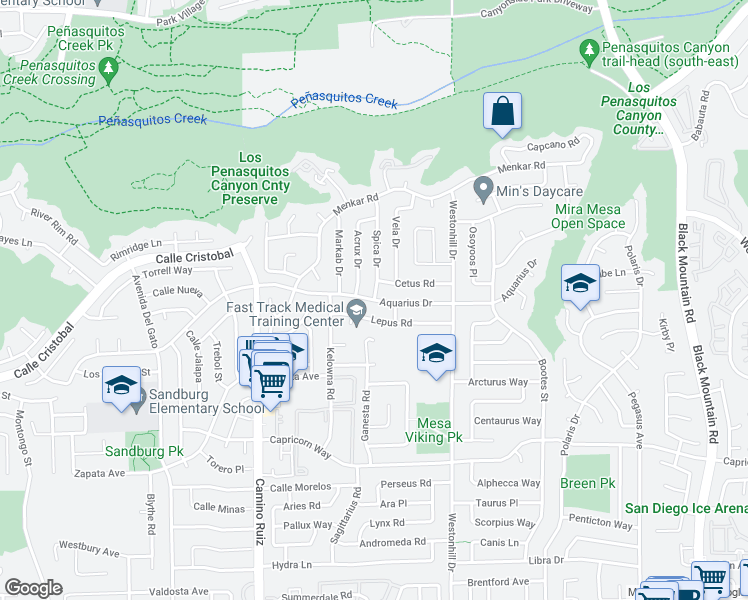 map of restaurants, bars, coffee shops, grocery stores, and more near Aquarius Dr & Spica Dr in San Diego