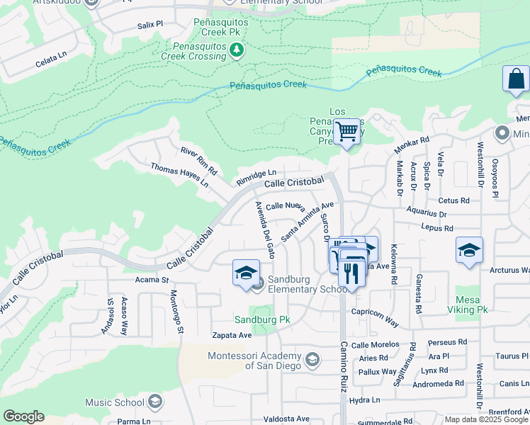 map of restaurants, bars, coffee shops, grocery stores, and more near 8141 Calle Nueva in San Diego