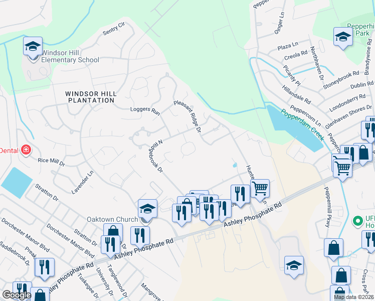 map of restaurants, bars, coffee shops, grocery stores, and more near 8237 Timberidge Court in Charleston