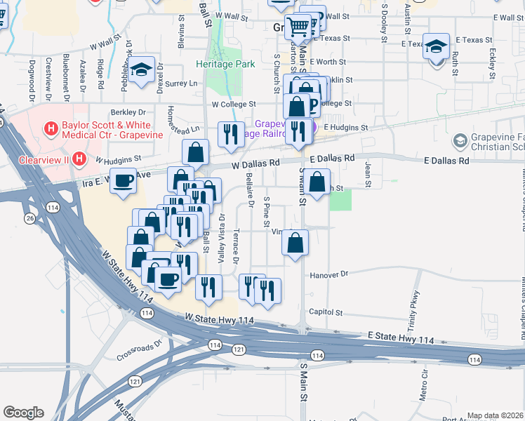 map of restaurants, bars, coffee shops, grocery stores, and more near 1119 Bellaire Drive in Grapevine