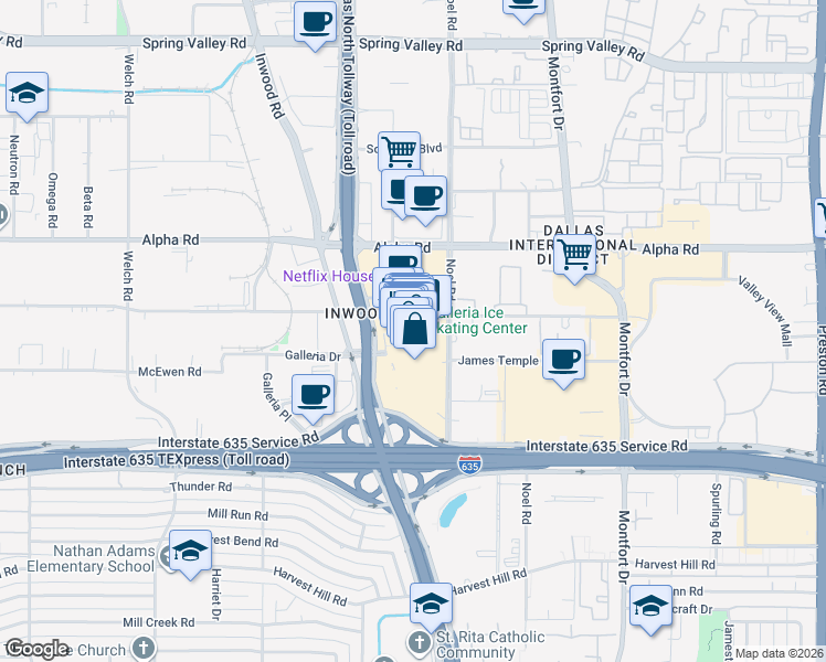 map of restaurants, bars, coffee shops, grocery stores, and more near 13355 Noel Road in Dallas