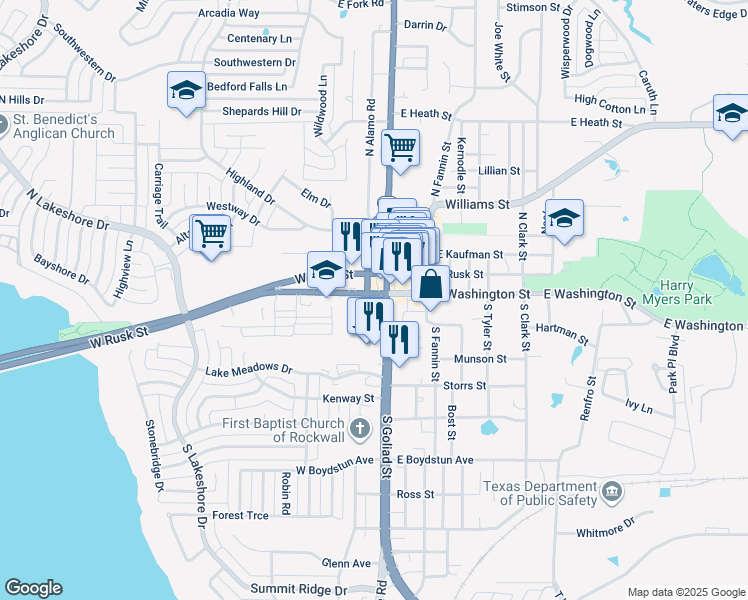 map of restaurants, bars, coffee shops, grocery stores, and more near 302 South Goliad Street in Rockwall