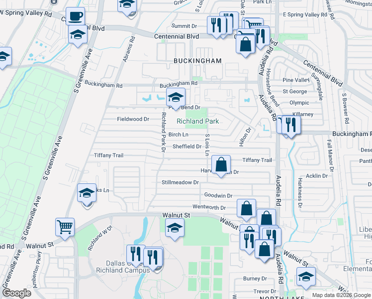 map of restaurants, bars, coffee shops, grocery stores, and more near 515 Tiffany Trail in Richardson