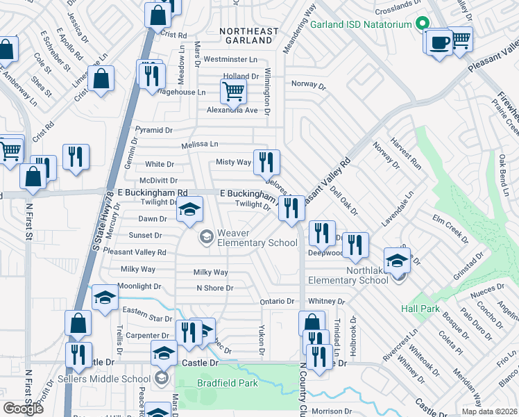 map of restaurants, bars, coffee shops, grocery stores, and more near 1110 Twilight Drive in Garland