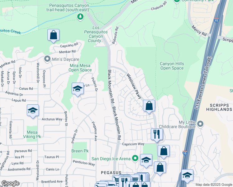 map of restaurants, bars, coffee shops, grocery stores, and more near 11592 Compass Point Drive North in San Diego