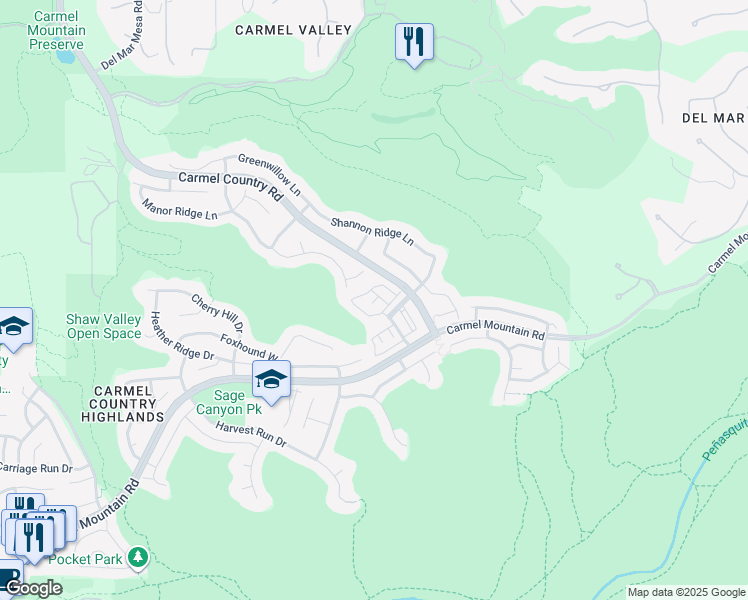 map of restaurants, bars, coffee shops, grocery stores, and more near 27 Canyon Grove Trail in San Diego