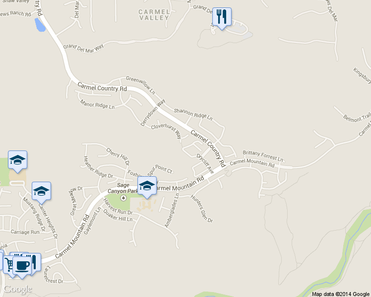 map of restaurants, bars, coffee shops, grocery stores, and more near 27 Canyon Grove Trail in San Diego