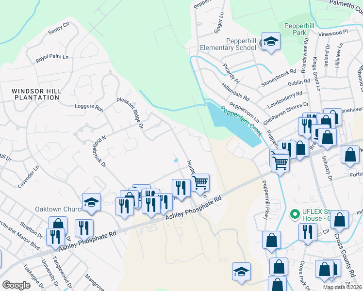 map of restaurants, bars, coffee shops, grocery stores, and more near 7642 Hunters Ridge Lane in North Charleston
