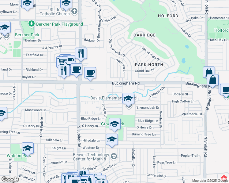 map of restaurants, bars, coffee shops, grocery stores, and more near 3214 Buckingham Road in Garland