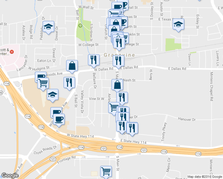 map of restaurants, bars, coffee shops, grocery stores, and more near 1120 South Main Street in Grapevine