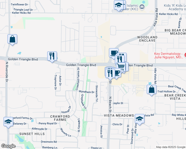 map of restaurants, bars, coffee shops, grocery stores, and more near 10637 Melrose Lane in Fort Worth