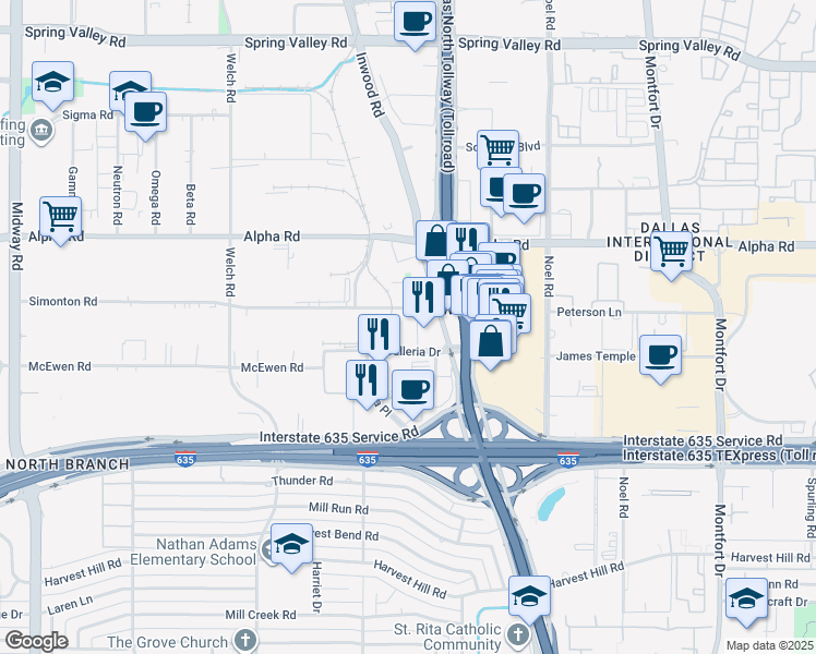 map of restaurants, bars, coffee shops, grocery stores, and more near 5005 Galleria Road in Dallas