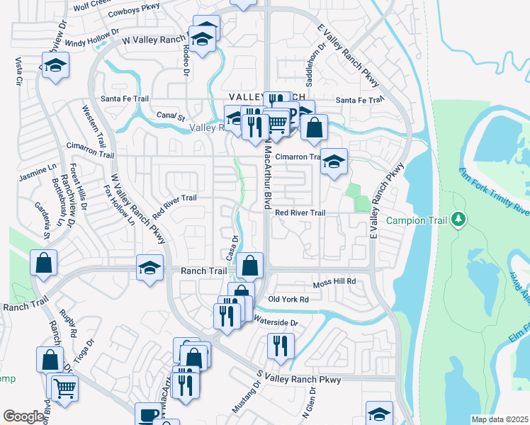 map of restaurants, bars, coffee shops, grocery stores, and more near North Macarthur Boulevard & Red River Trail in Irving