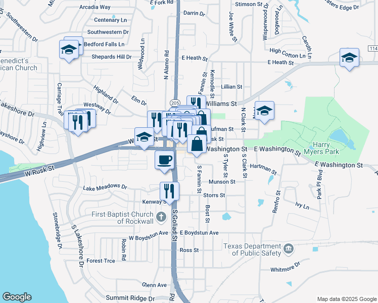 map of restaurants, bars, coffee shops, grocery stores, and more near 302 South Fannin Street in Rockwall