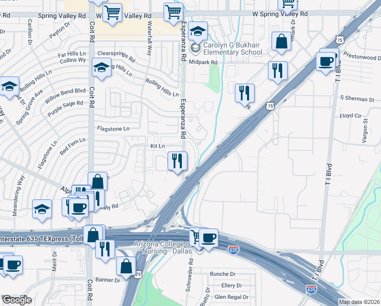 map of restaurants, bars, coffee shops, grocery stores, and more near 13350 Esperanza Road in Dallas