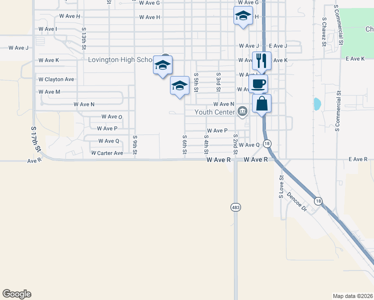 map of restaurants, bars, coffee shops, grocery stores, and more near 400-598 West Ave R in Lovington