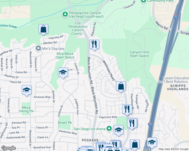 map of restaurants, bars, coffee shops, grocery stores, and more near 11592 Compass Point Drive North in San Diego