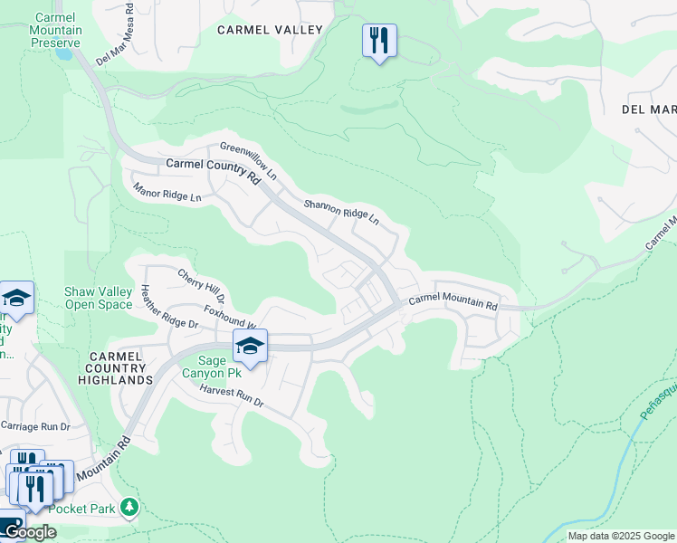 map of restaurants, bars, coffee shops, grocery stores, and more near 27 Canyon Grove Trail in San Diego