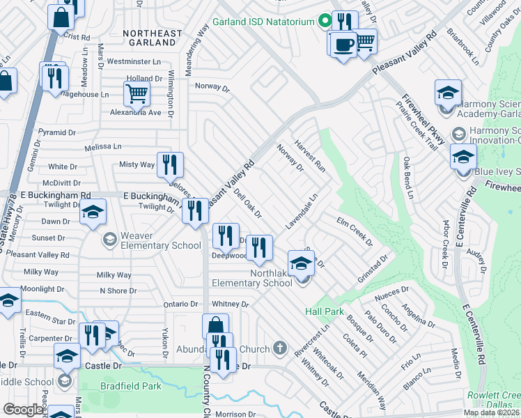 map of restaurants, bars, coffee shops, grocery stores, and more near 1625 Dell Oak Drive in Garland